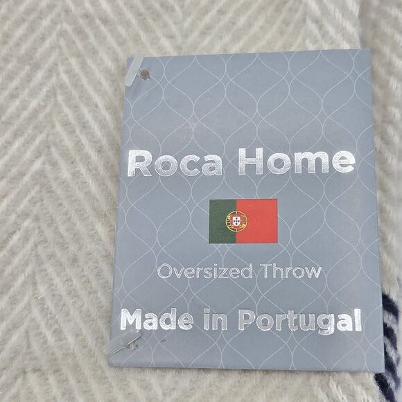 Roca Home Oversized Throw Blanket Ivory Blue Cotton Blend 50x67 Made In Portugal - Picture 2 of 9